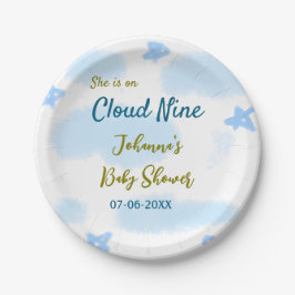 Prato De Papel Aqua dourado ela está no nono céu chá de bebê nuve