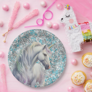 Prato De Papel Aqua Silver Unicorn Glitter Sparkle Birthday