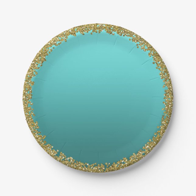 Prato De Papel Aqua Teal Dourado Mergulhado Brilho Glam Brillho F (Frente)