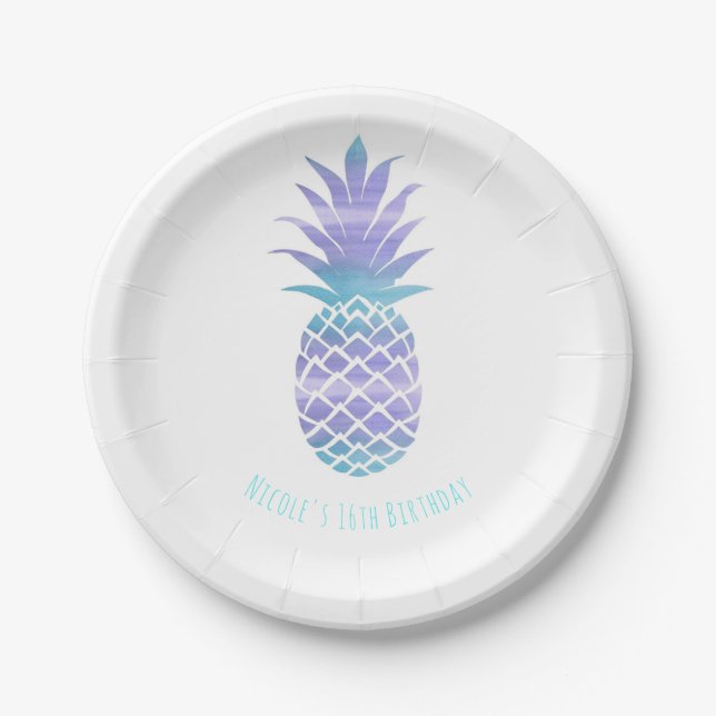 Prato De Papel Aqua Teal & Purple Pineapple Tropical Chic Party (Frente)