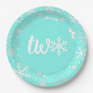 Prato De Papel Aqua Winter Second Birthday Snowflakes Plates