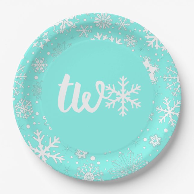 Prato De Papel Aqua Winter Second Birthday Snowflakes Plates (Frente)