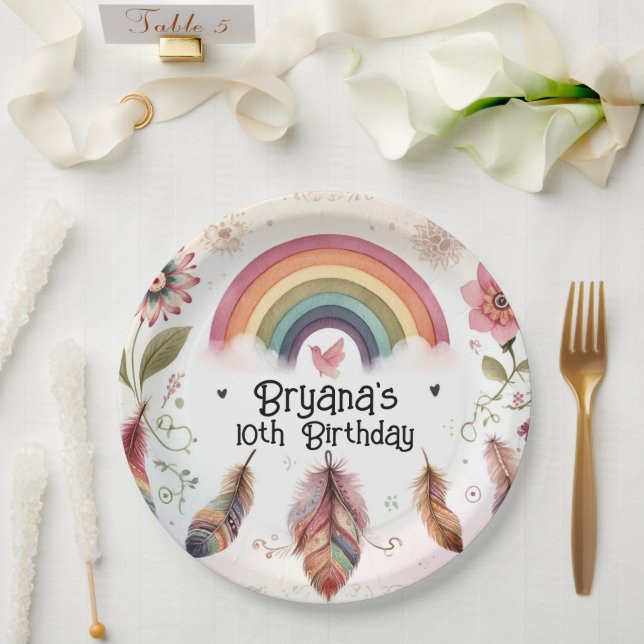 Prato De Papel Aquarela Arco-íris Pássaro & Penas Boho Aniversári (Casamento)