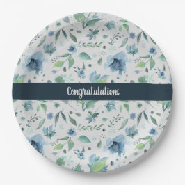 Prato De Papel Aquarela Azul em Floral Cinza Claro Personalizado 