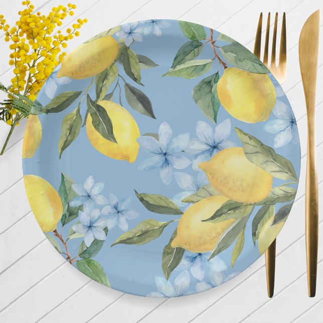 Prato De Papel Aquarela Azul Limão e Flor (Watercolor Lemon & Blue Flower Paper Plates for Main Squeeze Bridal Shower or Little Lemon Baby)