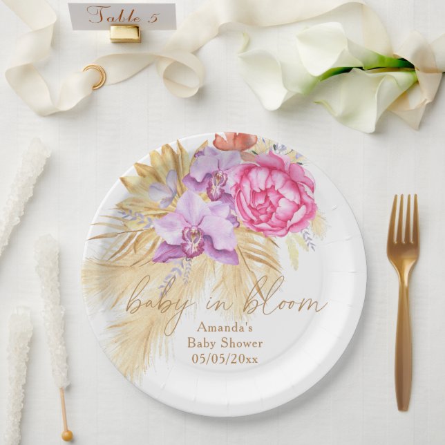 Prato De Papel Aquarela boho capim-dos-pampas - Chás de bebê (Casamento)