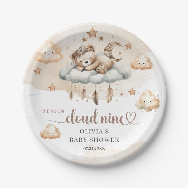 Prato De Papel Aquarela boho marrom nuvem de marfim nove ursinho (Frente)