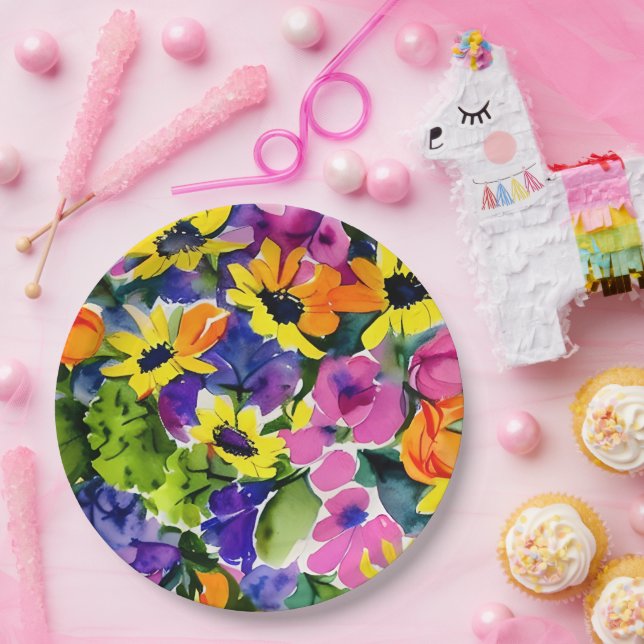 Prato De Papel Aquarela Colorida Arte Floral (Festa)