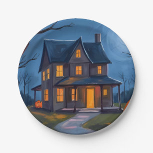 Prato De Papel Aquarela de Casa Assombrada de Halloween com Jack-