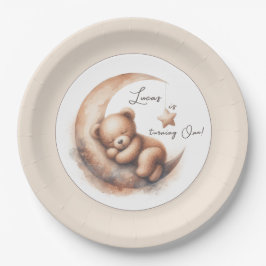 Prato De Papel Aquarela Dormindo Urso Marrom na Lua