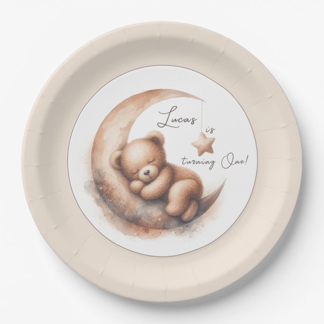 Prato De Papel Aquarela Dormindo Urso Marrom na Lua (Frente)