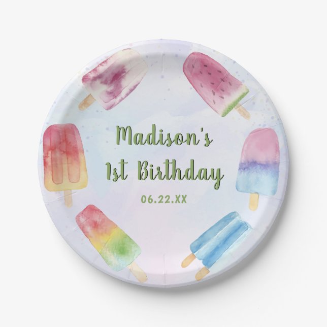 Prato De Papel Aquarela Festa de aniversário de picolé (Frente)
