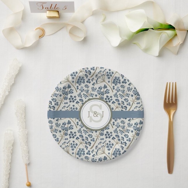 Prato De Papel Aquarela Floral Azul Monogramada (Monogramed Blue Floral Watercolor Paper Plates from Studio Posies.)