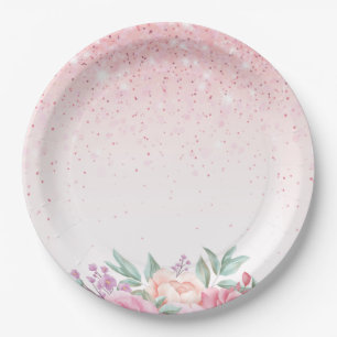 Prato De Papel Aquarela Floral Rosa Bege Rosa Brilho Purpurina