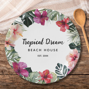 Prato De Papel Aquarela Floral Tropical Botânico Verão Praia