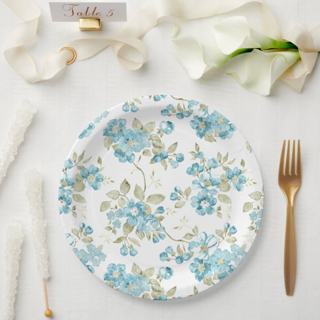 Prato De Papel Aquarela Floral Turquesa Água Verde Oliva Fofo (Casamento)