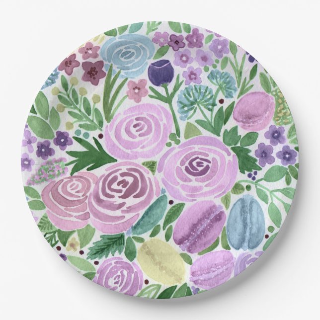 Prato De Papel Aquarela, flores e macarons (Frente)