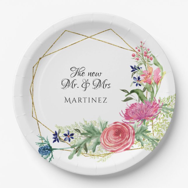 Prato De Papel Aquarela Geométrica Moderna Cor de-rosa n Marinho  (Frente)