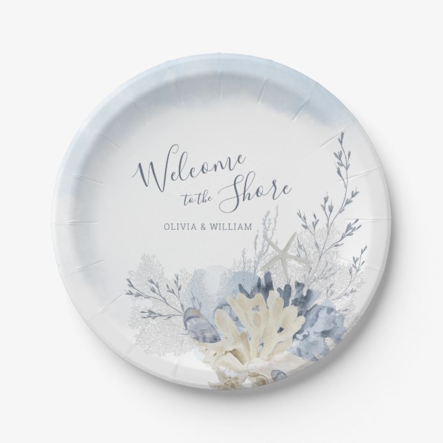 Prato De Papel Aquarela Jantar Bem-vindo à Praia na Costa (Frente)