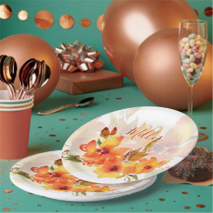 Prato De Papel Aquarela laranja outono floral personalizado