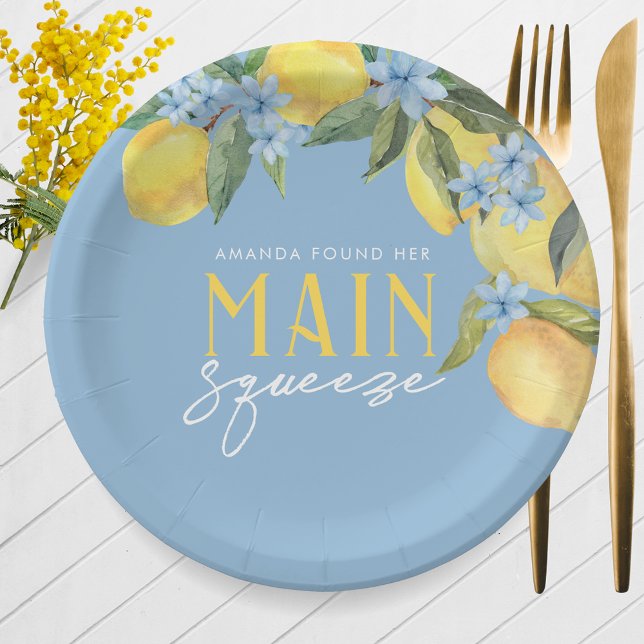 Prato De Papel Aquarela Limão Azul Squeeze Principal Personalizad (Watercolor Lemon Main Squeeze Personalized Paper Plates on Blue. 7'' or 9'' Available)