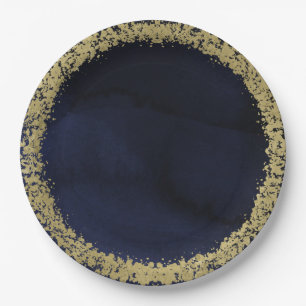Prato De Papel Aquarela Moderna Azul Naval e Dourado Casamento