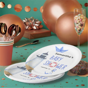 Prato De Papel Aquarela náutica - chá de fraldas