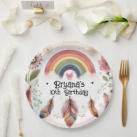 Aquarela Pássaro Arco-íris e Penas Boho Aniversári