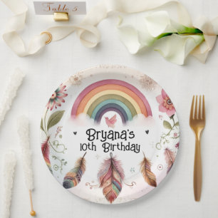 Prato De Papel Aquarela Pássaro Arco-íris e Penas Boho Aniversári