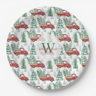 Prato De Papel Aquarela Plaid Búfalo Caminhão Vintage Natal