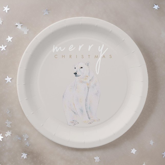 Prato De Papel Aquarela Polar Bear Moderno Feliz Natal (Criador carregado)