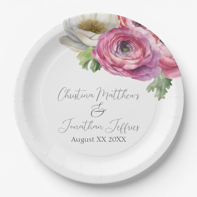 Prato De Papel Aquarela Romântica Ranunculus Rosa e Branco (Frente)