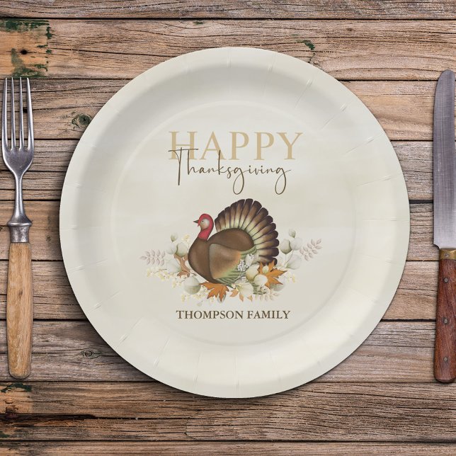 Prato De Papel Aquarela Simples Feliz Ação de Graças Simples Turq (Happy Thanksgiving custom paper plate with turkey and greenery. )