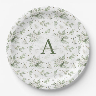 Prato De Papel Aquarela Snowberry Galho de Cedro Branco Natal