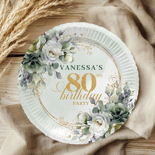Prato De Papel Aquarela Verde Dourado 80º Aniversário Botânico