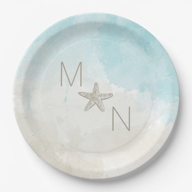 Prato De Papel Aquarelas de praia com peixe-estrela (Frente)