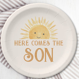 Prato De Papel Aqui Vem O Chá de fraldas Filho