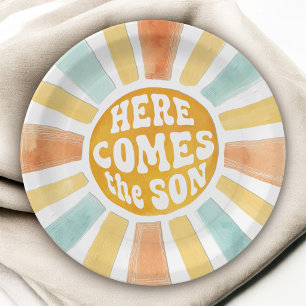 Prato De Papel Aqui Vem o Filho Churrasco de Bebê Retro Sunshine