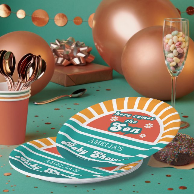 Prato De Papel Aqui vem o Filho Retro Chá de fraldas Party (Múltiplo)