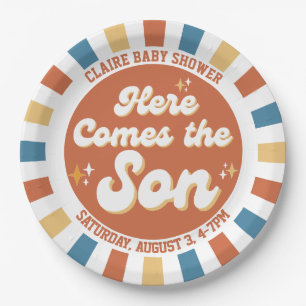 Prato De Papel Aqui vem o Filho Retro Groovy Chá de fraldas Birth