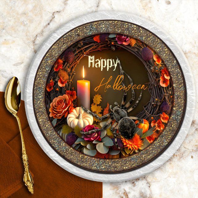 Prato De Papel Aranha de Halloween Festiva (Festive Halloween paper plates featuring a floral wreath with candle and pumpkin and a big spider)
