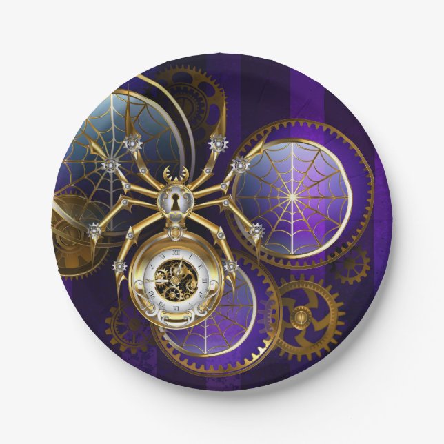 Prato De Papel Aranha Steampunk no fundo roxo (Frente)