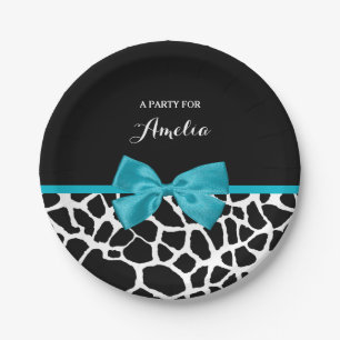 Prato De Papel Arco Azul De Fita Impressão Aqua Chic Giraffe Com