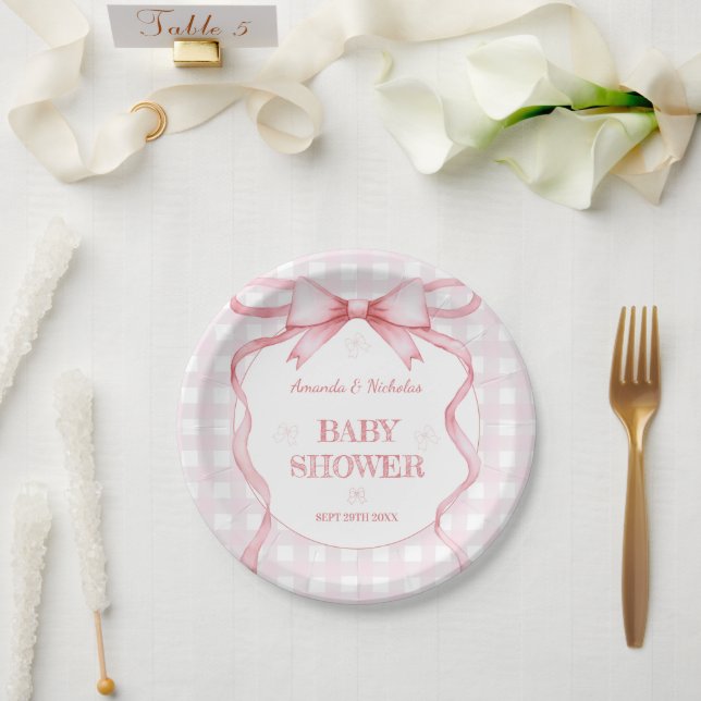 Prato De Papel Arco de Aquarela Rosa Brilhante Gingham Baby Girl  (Casamento)