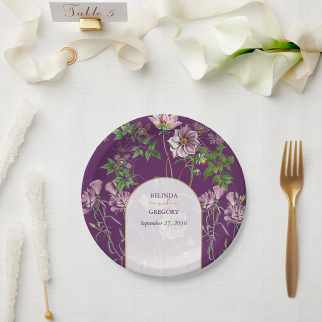 Prato De Papel Arco de Noiva Verde Floral Roxo Dourado   (Casamento)
