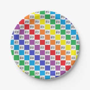 Prato De Papel Arco-íris Checkered e notas musicais