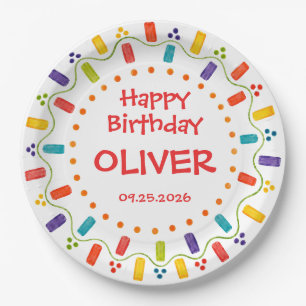 Prato De Papel Arco-íris Colorido de Aniversário Nome Personaliza