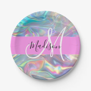 Prato De Papel Arco-íris Feminino Holográfico Iridescente Monogra