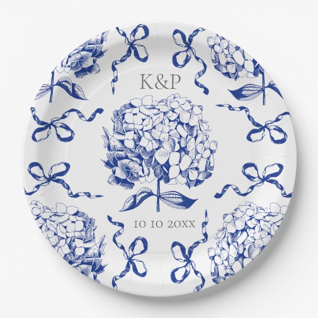 Prato De Papel Arco Preppy Blue Toile Hydrangea com nome (Frente)