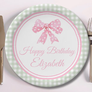 Prato De Papel Arco Rosa Coquette E Sage Gingham Aniversário